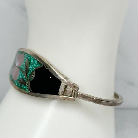 Vintage Alpaca Mexico Mother of Pearl Shell Flower Inlay Bangle - Picture 6 of 9